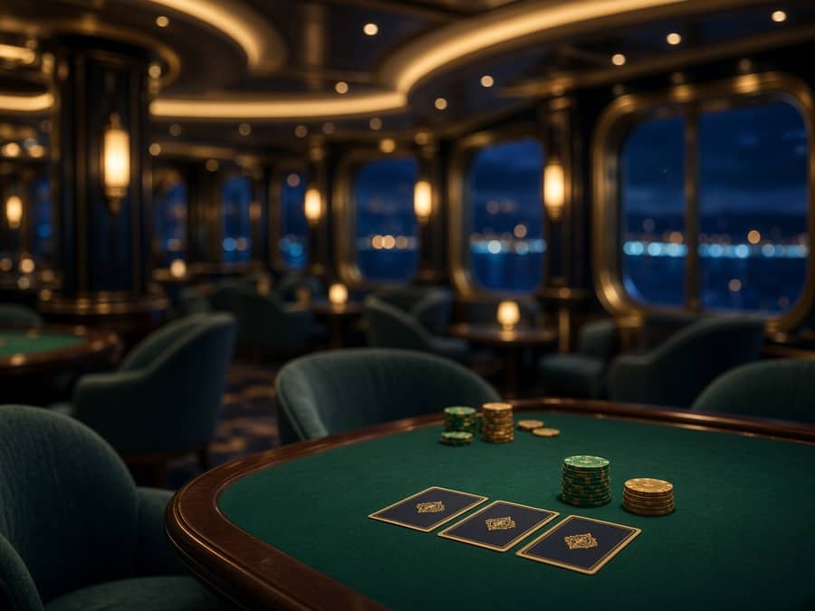 Ambiance élégante d'un salon de casino de croisière avec tables de jeu