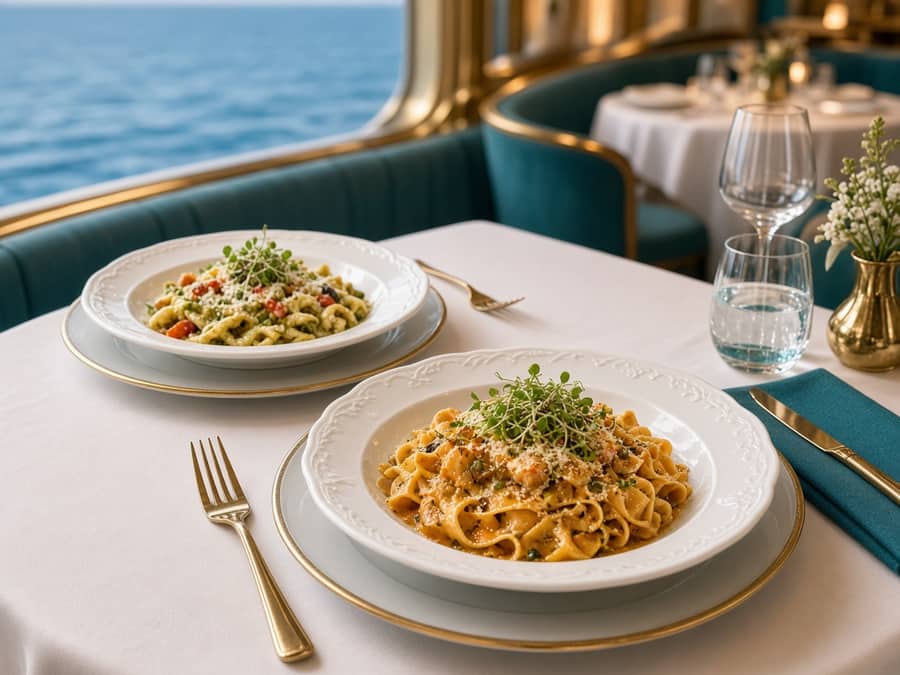 Assiettes de pâtes artisanales servies dans un restaurant de croisière